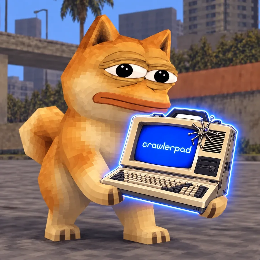 The old build: the same doge holding a computer that says crawlerpad